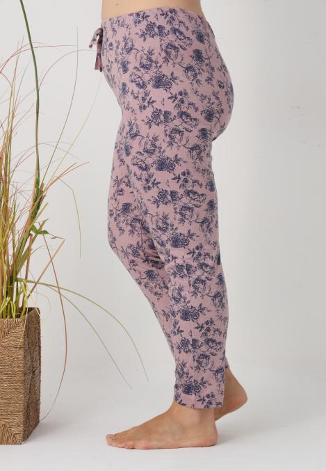 Pantaloni de Pijama Dama Lungi,Big Size,Culoare Roz Pudrat cu Flori Albastre ,Engros